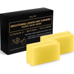 imageVALITIC Brightening Lemon and Turmeric Kojic Acid Soap  Vitamin C Retinol  Original Japanese Complex with Hyaluronic Acid Vitamin E Shea Butter Castile Olive Oil  3 Pack and African Net Sponge4 Pack