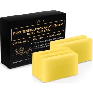 imageVALITIC Brightening Lemon and Turmeric Kojic Acid Soap  Vitamin C Retinol  Original Japanese Complex with Hyaluronic Acid Vitamin E Shea Butter Castile Olive Oil  3 Pack and African Net Sponge5 Pack