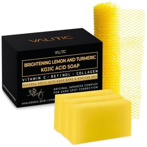 imageVALITIC Brightening Lemon and Turmeric Kojic Acid Soap  Vitamin C Retinol  Original Japanese Complex with Hyaluronic Acid Vitamin E Shea Butter Castile Olive Oil  3 Pack and African Net Sponge3 Pack  African Net
