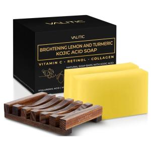 imageVALITIC Brightening Lemon and Turmeric Kojic Acid Soap  Vitamin C Retinol  Original Japanese Complex with Hyaluronic Acid Vitamin E Shea Butter Castile Olive Oil  3 Pack and African Net Sponge2 Pack  Holder