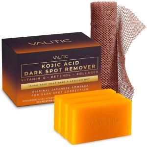 imageVALITIC Kojic Acid Dark Spot Remover Soap with Turmeric Vitamin C Retinol  Original Japanese Complex with Hyaluronic Acid Vitamin E Shea Butter Castile Olive Oil  3 Pack and African Net SpongeKojic Hyal 3 Pack  African Net