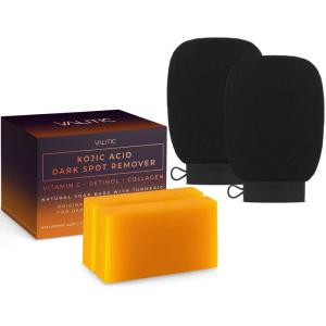 imageValitic 4 Pack Kojic Acid Dark Spot Corrector Soap Bars with Vitamin C Retinol Collagen Turmeric  Original Japanese Complex with Hyaluronic Acid ampamp A Pair of Black Exfoliating Gloves for Body Scrub2 Pack Hyal Soap Bars  Exfoliating Gloves