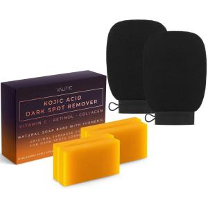 imageValitic 4 Pack Kojic Acid Dark Spot Corrector Soap Bars with Vitamin C Retinol Collagen Turmeric  Original Japanese Complex with Hyaluronic Acid ampamp A Pair of Black Exfoliating Gloves for Body Scrub4 Pack Hyal Soap Bars  Exfoliating Gloves