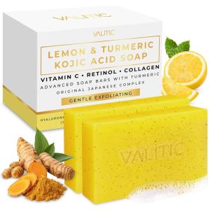 imageVALITIC Lemon Turmeric Soap for Dark Spots  Kojic Acid Soap for Face and Body  Exfoliating Bar for Brightening Skin Tone Corrector with Retinol Vitamin C Collagen and Hyaluronic Acid  3 Pack2 Pack