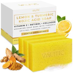imageVALITIC Lemon Turmeric Soap for Dark Spots  Kojic Acid Soap for Face and Body  Exfoliating Bar for Brightening Skin Tone Corrector with Retinol Vitamin C Collagen and Hyaluronic Acid  3 Pack3 Pack